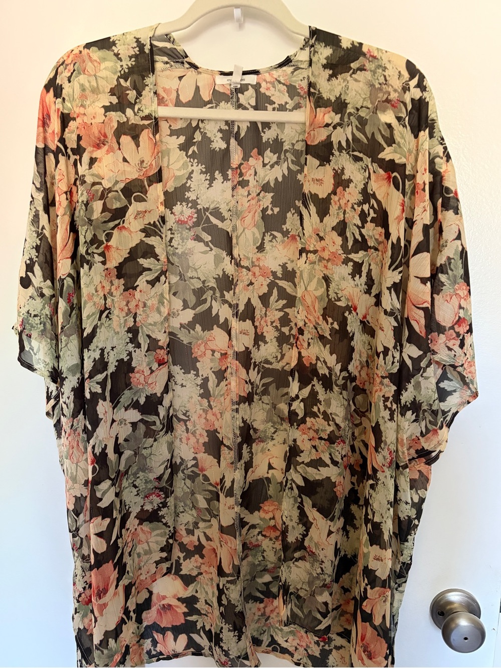 Maurices Black Sheer Floral Kimono with Peach and Cream Blooms